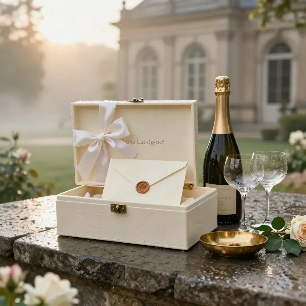 Ivoren bruiloftsbox op natte steen met champagne en rozen, voor de orangerie