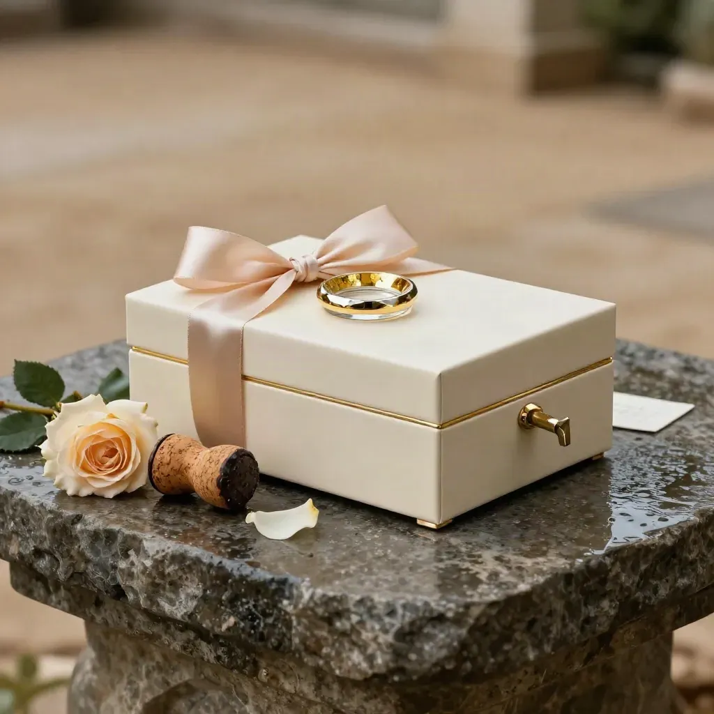 Ivory ceremoniebox op natte steen met rozen, linten, ringdish en champagnekurk in dramatisch licht.
