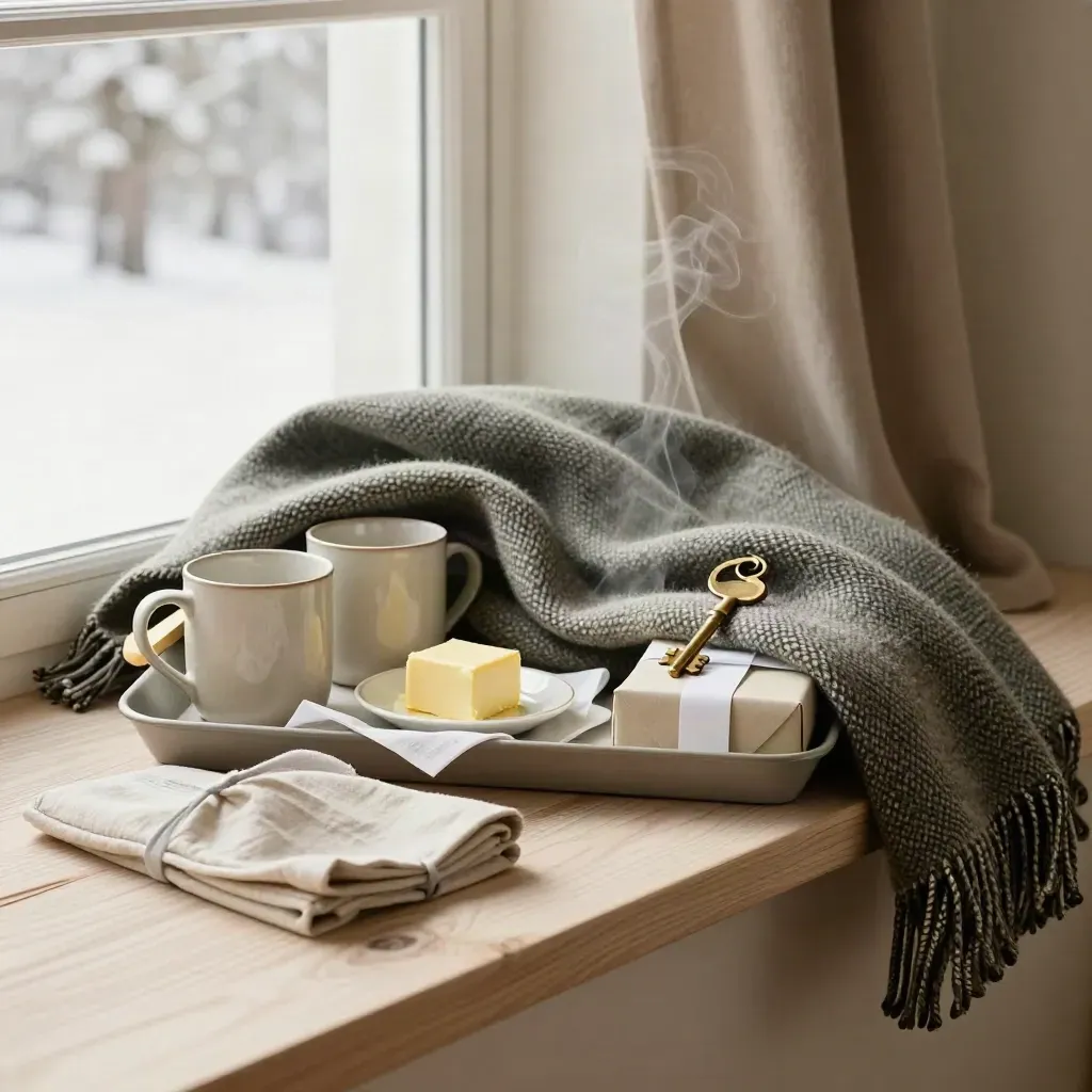 Winterverblijf hamper op een houten vensterbank met stoom, mokken, slippers en een brass sleutel.