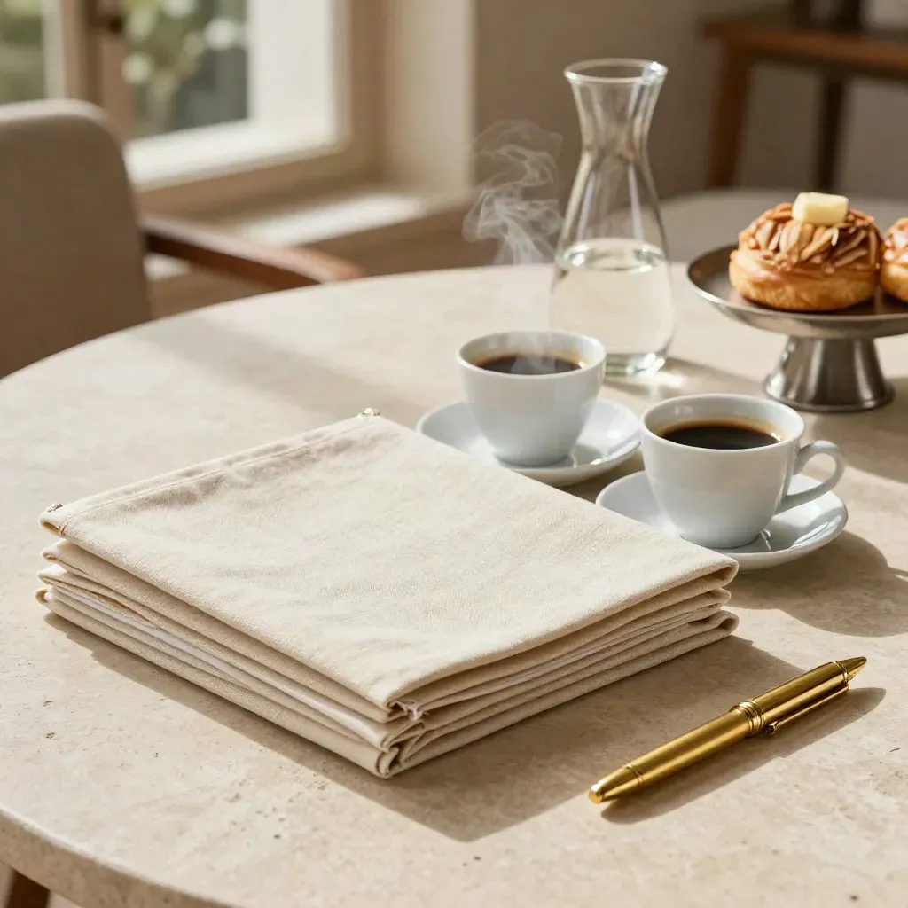 Vergadertray met linnen map, espresso’s, karaf, gebak en messing pen op lichte steen.