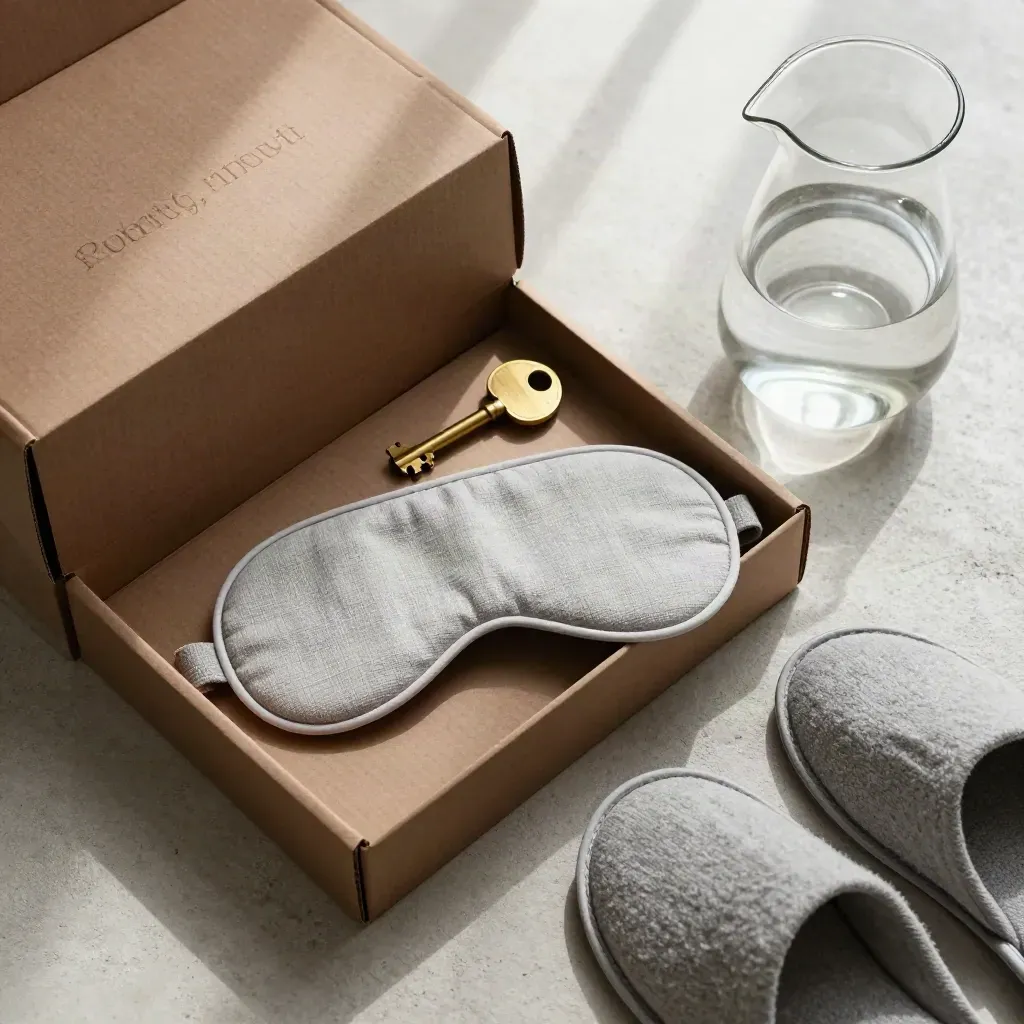 Bovenaanzicht van een walnoothouten folio-box met slaapmasker, brass sleutel, karaf en opgevouwen slippers.