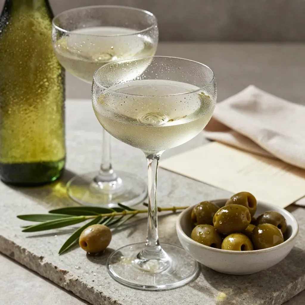 Chique aperitief met coupeglazen, koude fles, olijven en groen op stenen ondergrond.