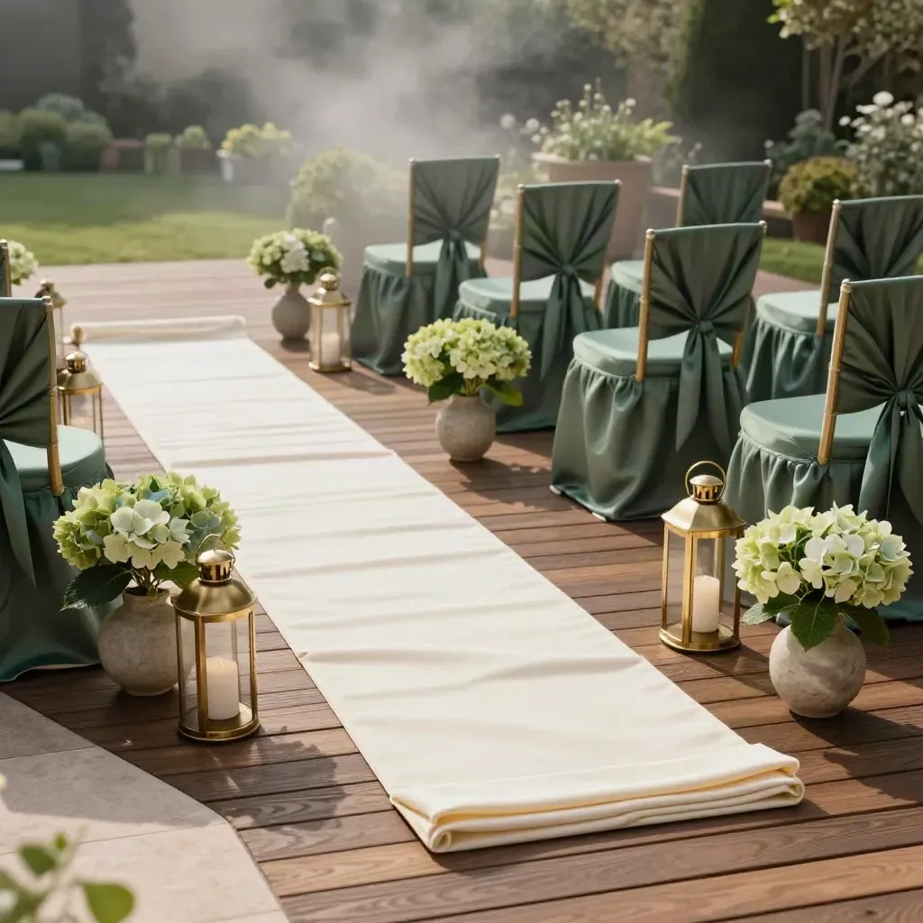 Tuinceremonieset op houten terras met linten, lantaarns en hortensia’s in zachte zon