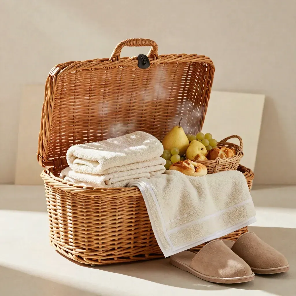 Open weekendmand met handdoeken, slippers, fruit en een speelgoedmand op licht pleisterwerk.