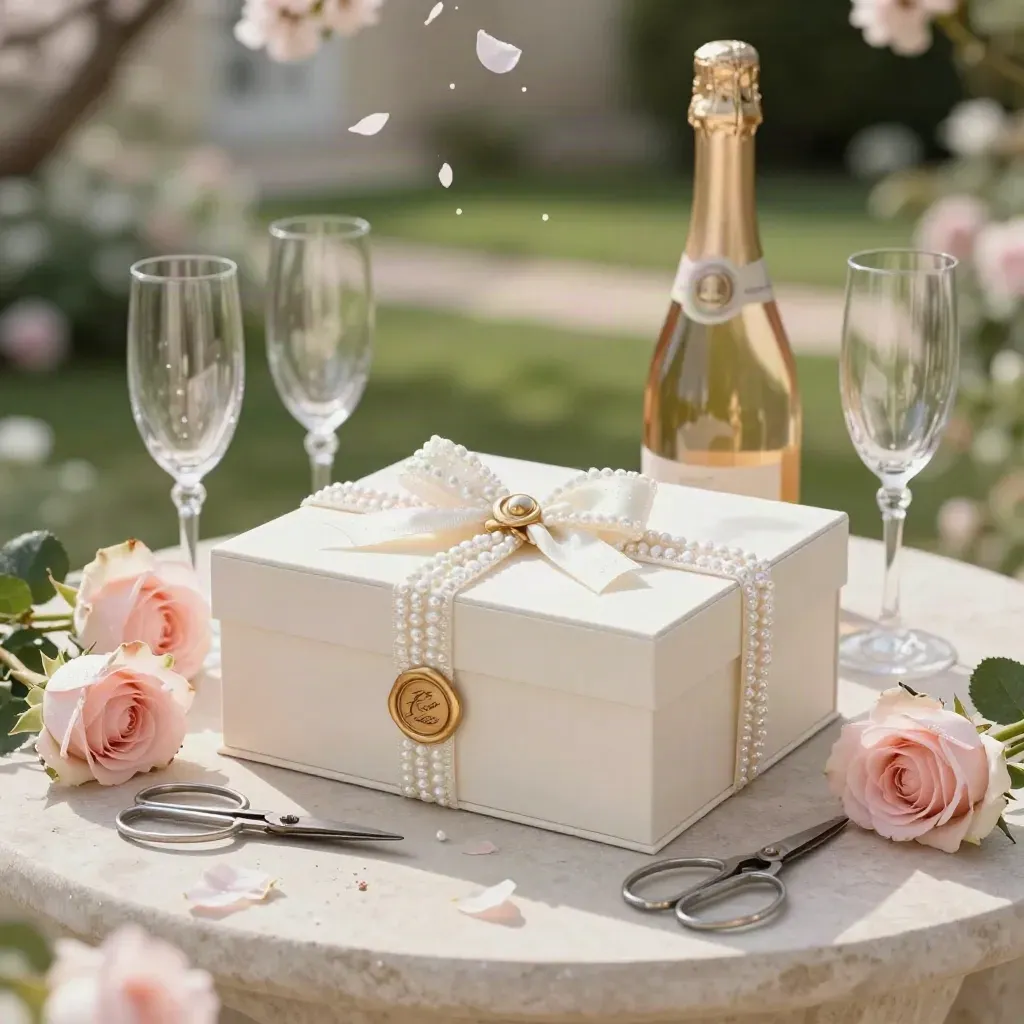 Ivory bruidsset met champagne, rozen en gouden zegels op steen met bloemblaadjes.