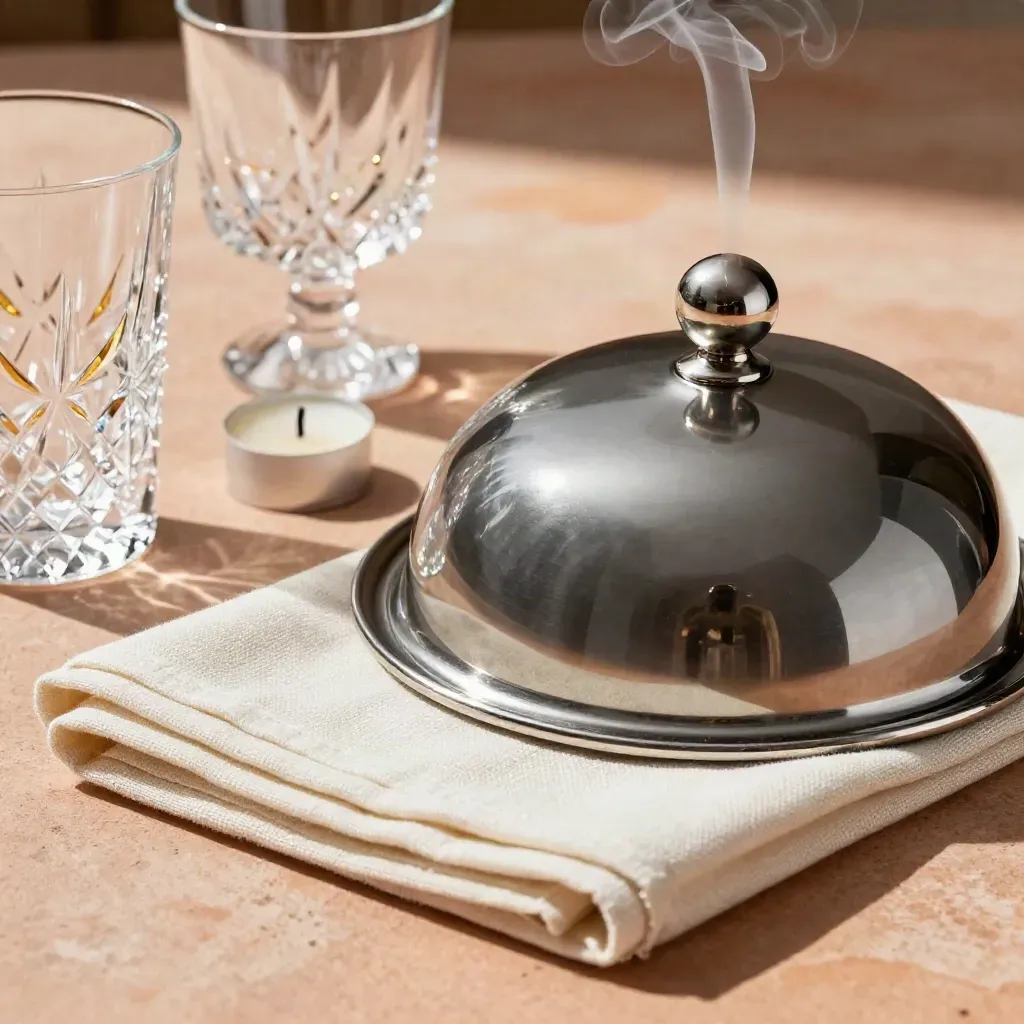Oranjerie-diner met cloche, kristalglas, servet en uitgeblazen kaars met rookspoor.