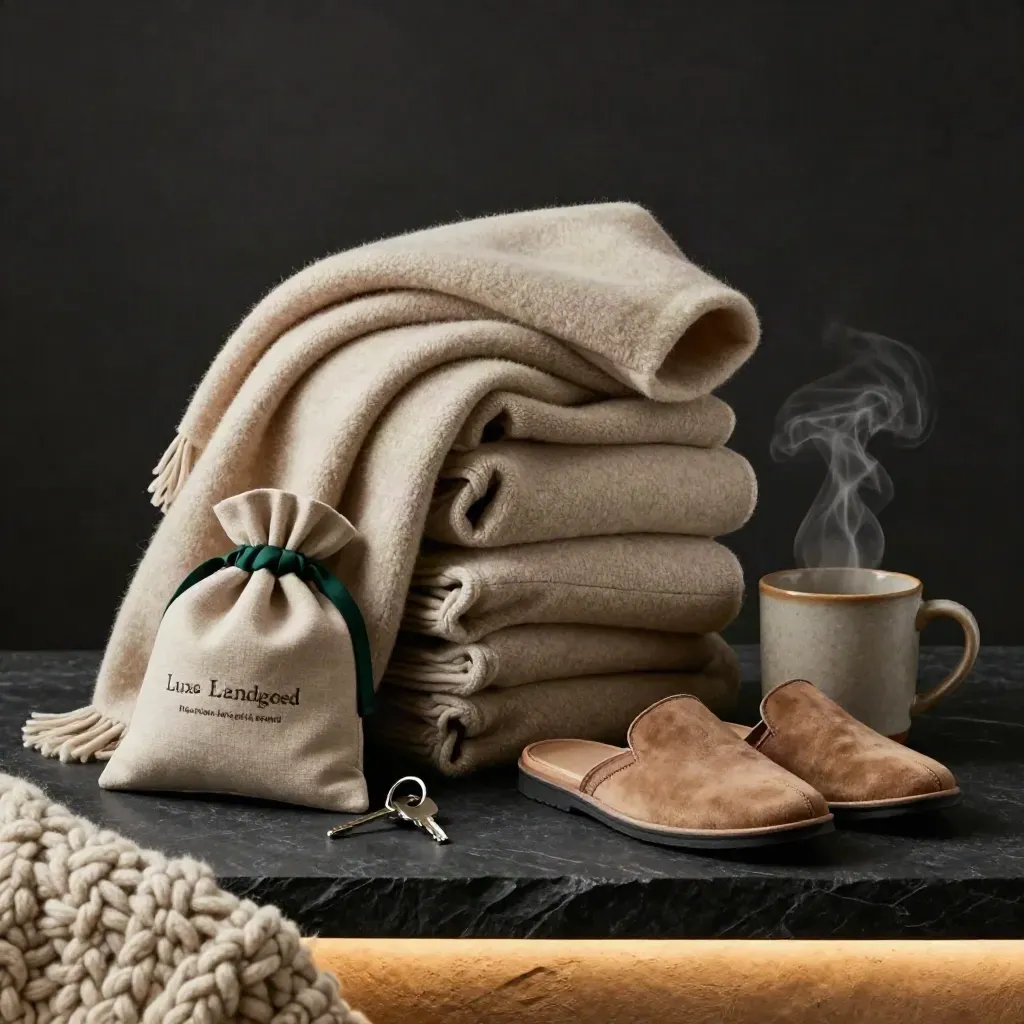 Weekend huisvesting met plaid, pouch, slippers, mok en sleutel op donkere steen.