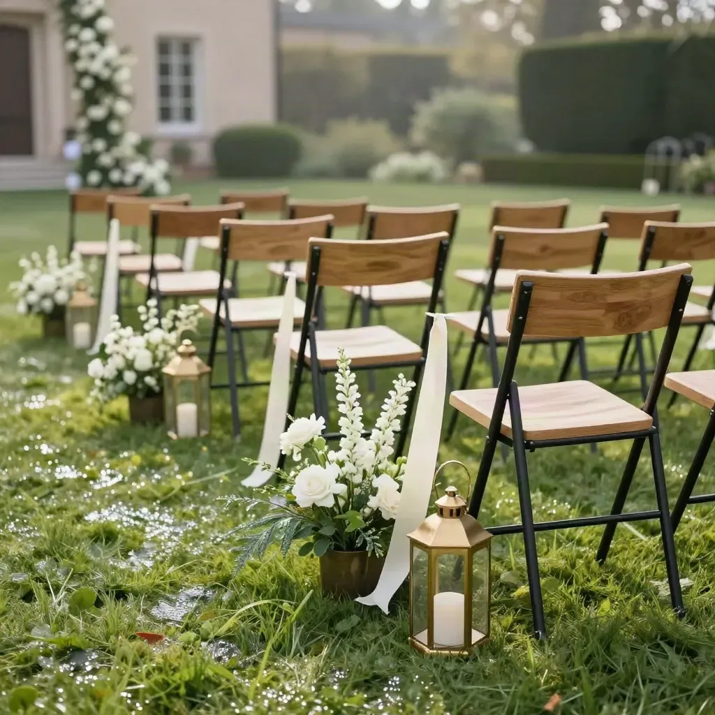 Ceremonie-opstelling op nat gras met stoelen, lantaarns en witte bloemen