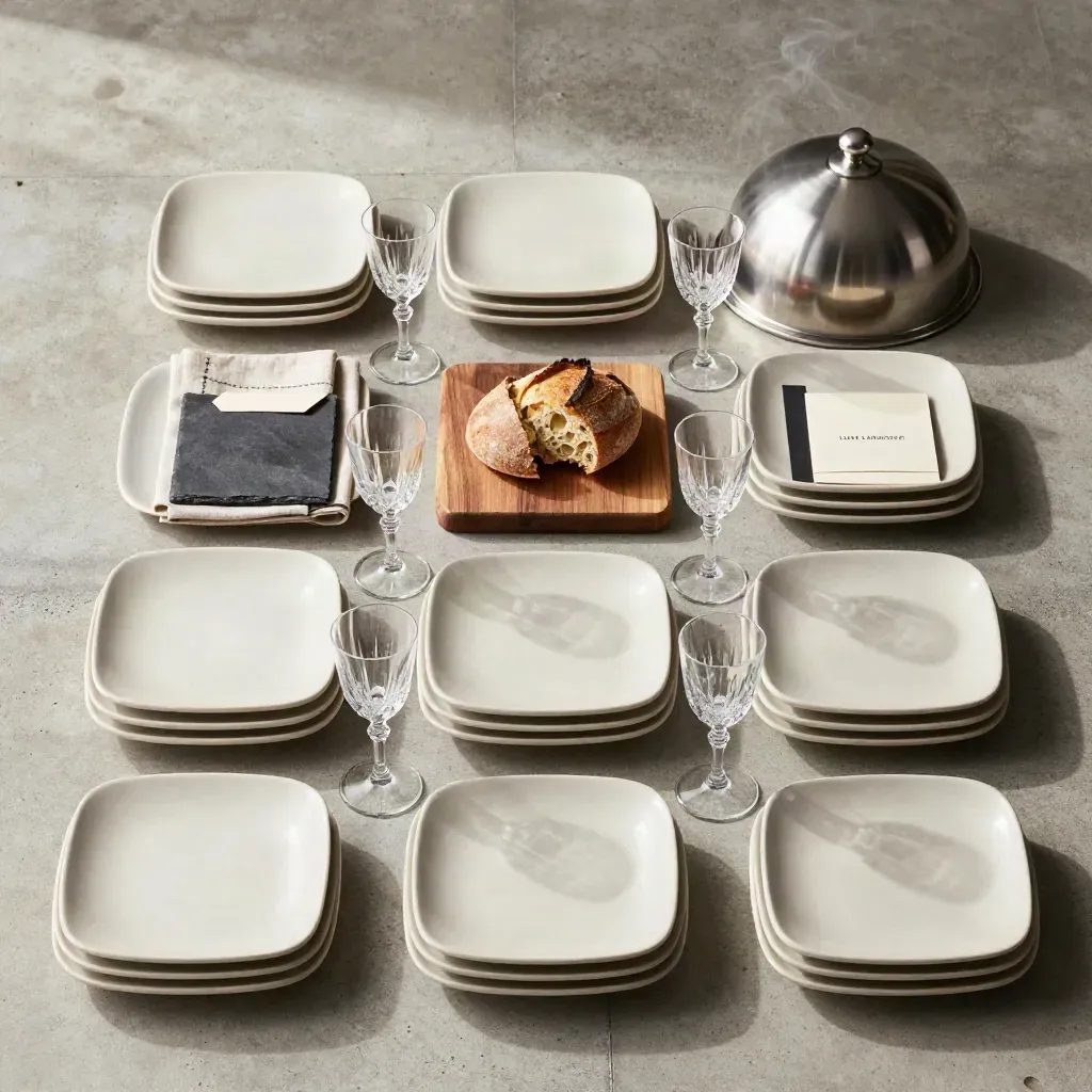 Overhead flatlay van chefstafel met borden, linnen servetten, wijnglazen, broodplank en cloche.