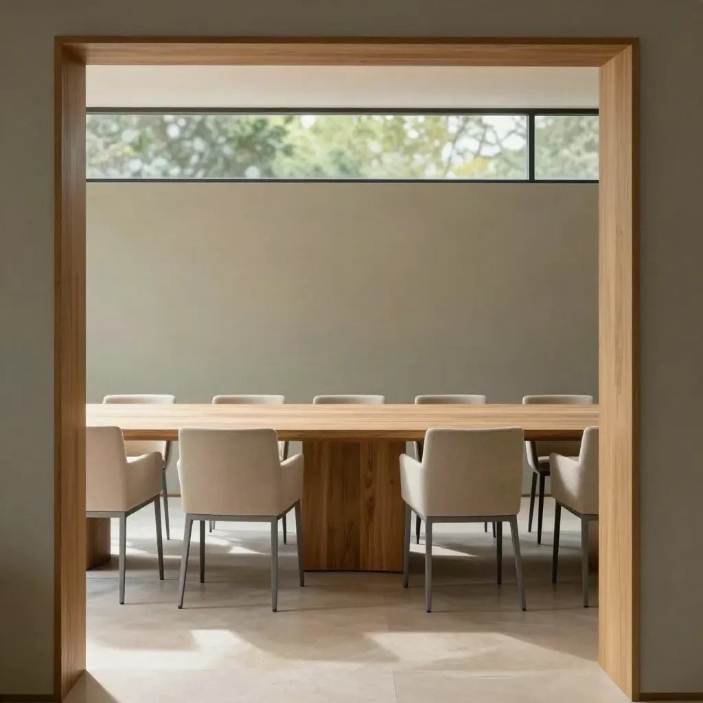 Stijlvolle vergaderruimte met lange houten tafel, lichte stoelen en hoge ramen naar de tuin.
