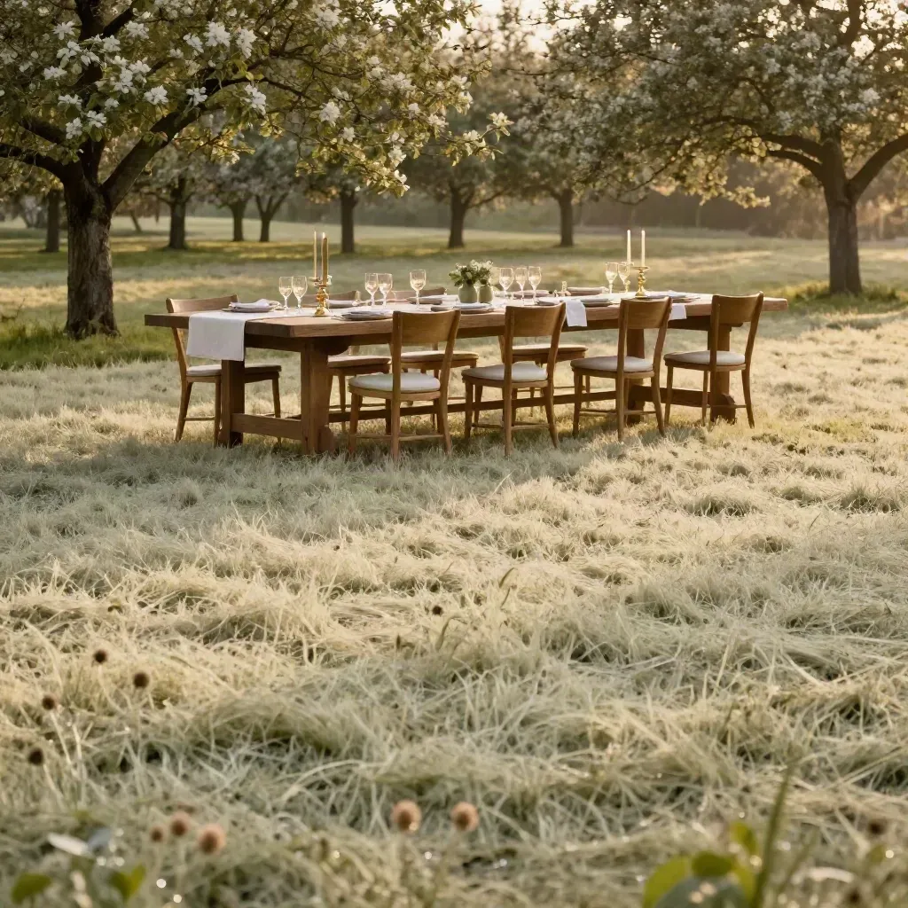 Lange dinertafel op het landgoed in avondlicht, met appelbomen en rustige grasvlakte.